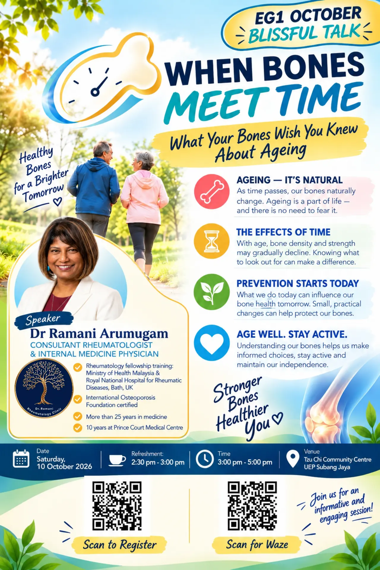 Flyer for the Tzu Chi October Blissful Talk When Bones Meet Time on Saturday 10 October 2026, 3:00pm to 5:00pm, with speaker Dr Ramani Arumugam